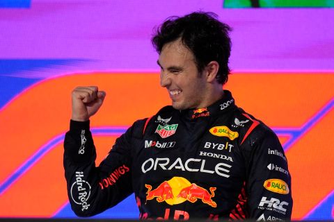 Red Bull driver Sergio Perez of Mexico celebrates after he won the Saudi Arabia Formula One Grand Prix at the Jeddah corniche circuit in Jeddah, Saudi Arabia, Sunday, March 19, 2023. (AP Photo/Luca Bruno, Pool)