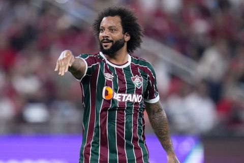 Fluminense's Marcelo gestures after failing to score during the Soccer Club World Cup semifinal soccer match between Fluminense FC and Al Ahly FC at King Abdullah Sports City Stadium in Jeddah, Saudi Arabia, Monday, Dec. 18, 2023. (AP Photo/Manu Fernandez)
