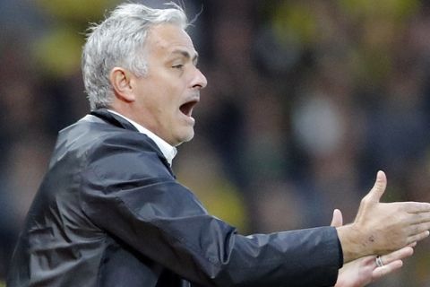 Manchester United head coach Jose Mourinho reacts during the English Premier League soccer match between Watford and Manchester United at Vicarage Road stadium in Watford, England, Saturday, Sept. 15, 2018.(AP Photo/Frank Augstein)