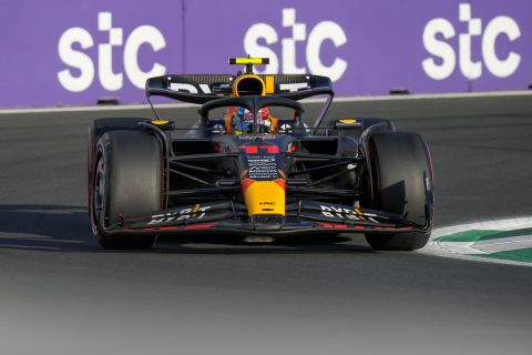 Red Bull driver Sergio Perez of Mexico steers his car during the first free practice ahead of the Formula One Grand Prix at the Jeddah corniche circuit in Jeddah, Saudi Arabia, Friday, March 17, 2023. (AP Photo/Luca Bruno)