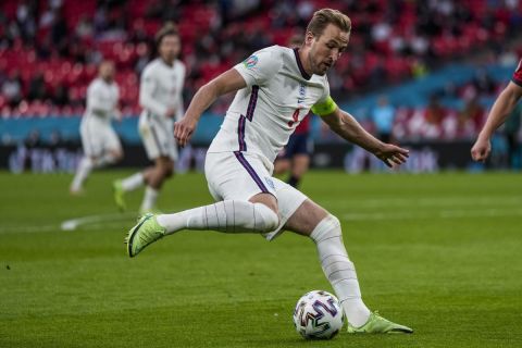 England's Harry Kane controls the ball during the Euro 2020 soccer championship group D match between Czech Republic and England at Wembley stadium in London, Tuesday, June 22, 2021. (AP Photo/Frank Augstein, Pool)