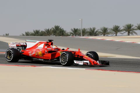 Ferrari driver Sebastian Vettel of Germany steers his car during the first practice session for the Bahrain Formula One Grand Prix, at the Formula One Bahrain International Circuit in Sakhir, Bahrain, Friday, April 14, 2017. The Bahrain Formula One Grand Prix will take place on Sunday. (AP Photo/Luca Bruno)