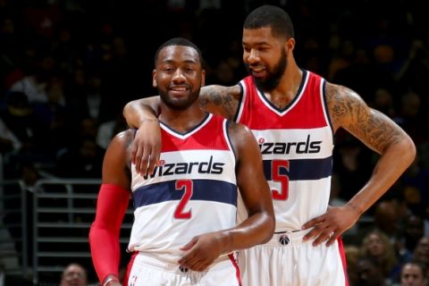 WASHINGTON, DC -  FEBRUARY 28:  John Wall #2 and Markieff Morris #5 of the Washington Wizards share a moment during the game against the Golden State Warriors on February 28, 2017 at Verizon Center in Washington, DC. NOTE TO USER: User expressly acknowledges and agrees that, by downloading and or using this Photograph, user is consenting to the terms and conditions of the Getty Images License Agreement. Mandatory Copyright Notice: Copyright 2017 NBAE (Photo by Ned Dishman/NBAE via Getty Images)