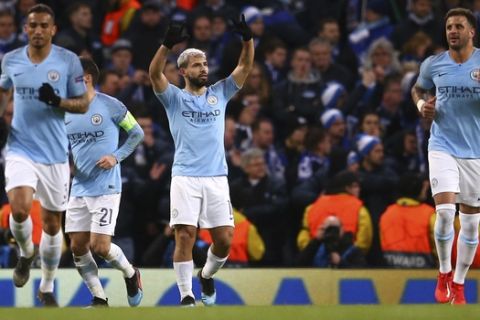 Manchester City's Sergio Aguero celebrates after scoring his side's opening goal during the Champions League round of 16 second leg, soccer match between Manchester City and Schalke 04 at Etihad stadium in Manchester, England, Tuesday, March 12, 2019. (AP Photo/Dave Thompson)