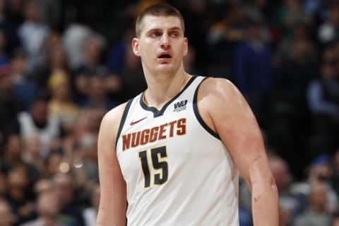 Denver Nuggets center Nikola Jokic (15) in the second half of Game 2 of an NBA basketball second-round playoff series Wednesday, May 1, 2019, in Denver. Portland won 97-90. (AP Photo/David Zalubowski)