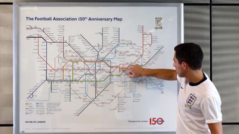 Today (Wednesday 2nd August) England fans previewed the limited edition map at Wembley Park tube station. The map, plotted identically to the original, shows the 367 Tube, DLR and Overground stations across the 14 lines renamed as footballs greats. Footballers past and present have been used with a number of players having special relevance to their particular station. In the map, Wembley Park becomes Alf Ramsey, Arsenal tube station becomes Jack Wilshere and Upton Park becomes 1966 World Cup winning captain, Bobby Moore.