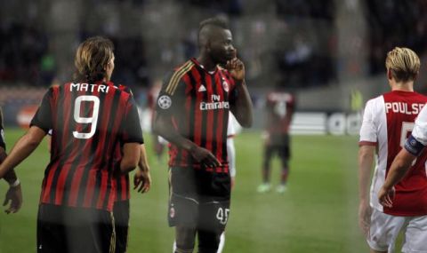AC Milan's Mario Balotelli celebrates after scoring during the Champions League Group H match Ajax against AC Milan at ArenA stadium in Amsterdam, Netherlands, Tuesday Oct. 1, 2013. The game ended in a 1-1 draw. (AP Photo/Peter Dejong)