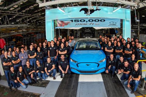 Employees at Ford's Cuautitlán Stamping and Assembly Plant celebrate the production of the 150,000th Mustang Mach-E.
