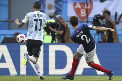 France's Benjamin Pavard scores his side's second goal during the round of 16 match between France and Argentina, at the 2018 soccer World Cup at the Kazan Arena in Kazan, Russia, Saturday, June 30, 2018. (AP Photo/Thanassis Stavrakis)