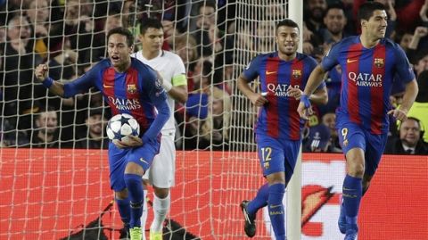 Barcelona's Neymar, left, and his teammates Rafinha and Luis Suarez celebrate after PSG's Layvin Kurzawa scored an own goal during the Champions League round of 16, second leg soccer match between FC Barcelona and Paris Saint Germain at the Camp Nou stadium in Barcelona, Spain, Wednesday March 8, 2017. (AP Photo/Emilio Morenatti)