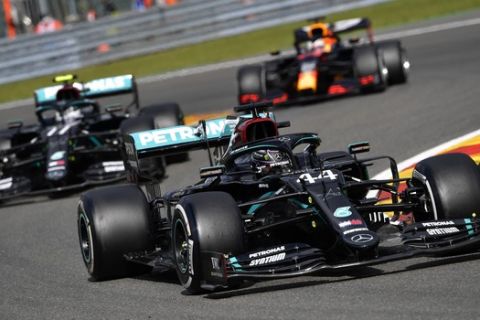 Mercedes driver Lewis Hamilton of Britain steers his car during the Formula One Grand Prix at the Spa-Francorchamps racetrack in Spa, Belgium, Sunday, Aug. 30, 2020. (John Thys, Pool via AP)
