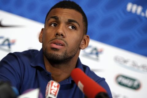 France's Yann M'Vila meets journalists during a press conference at the Euro 2012 soccer championship in Donetsk, Ukraine, Saturday, June 16, 2012. (AP Photo/Laurent Cipriani)