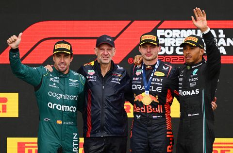 MONTREAL, QUEBEC - JUNE 18: (L-R) Second placed Fernando Alonso of Spain and Aston Martin F1 Team, Adrian Newey, the Chief Technical Officer of Red Bull Racing, First placed Max Verstappen of the Netherlands and Oracle Red Bull Racing and Third placed Lewis Hamilton of Great Britain and Mercedes celebrate on the podium during the F1 Grand Prix of Canada at Circuit Gilles Villeneuve on June 18, 2023 in Montreal, Quebec. (Photo by Clive Mason/Getty Images)
