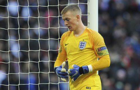 England goalkeeper Jordan Pickford stands by the goal during the UEFA Nations League soccer match between England and Croatia at Wembley stadium in London, Sunday Nov. 18, 2018. (AP Photo/Rui Vieira)