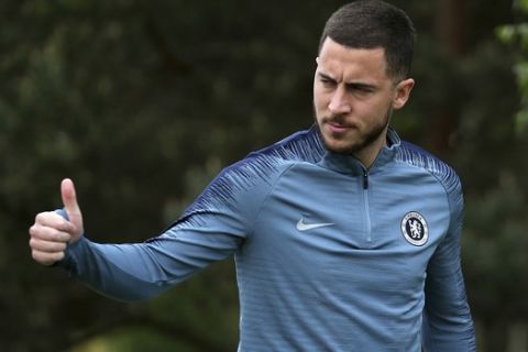 Chelsea's Eden Hazard during a training session at Cobham Training Ground outside London, Wednesday May 1, 2019. Chelsea will play Eintracht in a Europa League Semi-final first leg match on Thursday. (Steven Paston/PA via AP)