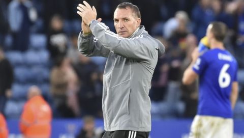 Leicester's manager Brendan Rodgers reacts after the English Premier League soccer match between Leicester City and Newcastle United at the King Power Stadium in Leicester, England, Sunday, Sept. 29, 2019. (AP Photo/Rui Vieira)