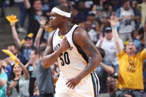 MEMPHIS, TN - APRIL 20:  Zach Randolph #50 of the Memphis Grizzlies celebrates during Game Three of the Western Conference Quarterfinals of the 2017 NBA Playoffs on April 20, 2017 at FedExForum in Memphis, Tennessee. NOTE TO USER: User expressly acknowledges and agrees that, by downloading and/or using this photograph, user is consenting to the terms and conditions of the Getty Images License Agreement. Mandatory Copyright Notice: Copyright 2017 NBAE (Photo by Joe Murphy/NBAE via Getty Images)