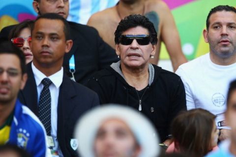 BELO HORIZONTE, BRAZIL - JUNE 21:  Diego Maradona looks on during the 2014 FIFA World Cup Brazil Group F match between Argentina and Iran at Estadio Mineirao on June 21, 2014 in Belo Horizonte, Brazil.  (Photo by Alex Grimm - FIFA/FIFA via Getty Images)