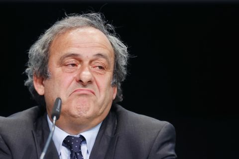 FILE - In This May 28, 2015 file photo UEFA president Michel Platini grimaces during a press conference following a meeting of the UEFA board ahead of the FIFA congress in a hotel in Zurich, Switzerland. The Court of Arbitration for Sport, CAS, in Lausanne, Switzerland, plans to announce its verdict on Monday, May 9, 2016 in Michel Platini's appeal on his six-year ban from football.  (AP Photo/Michael Probst, file)