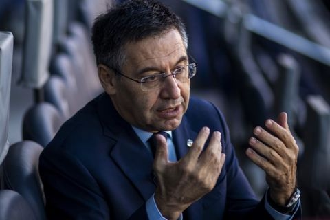 In this Friday, Nov. 8, 2019, photo, President of FC Barcelona Josep Bartomeu speaks during and interview with the Associated Press at the Camp Nou stadium in Barcelona, Spain. Bartomeu told The Associated Press on Friday that "we are preparing this post Messi era." (AP Photo/Emilio Morenatti)