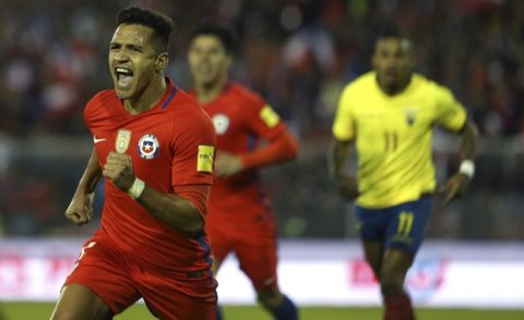 Chile's Alexis Sanchez celebrates after scoring against Ecuador during a 2018 World Cup qualifying soccer match in Santiago, Chile, Thursday, Oct. 5, 2017. (AP Photo/Esteban Felix)