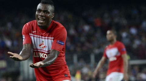 Spartak Moscow's Emmanuel Emenike reacts during a Champions League soccer match group G against FC Barcelona at the Camp Nou stadium in Barcelona, Spain, Wednesday, Sept. 19, 2012. (AP Photo/Manu Fernandez)