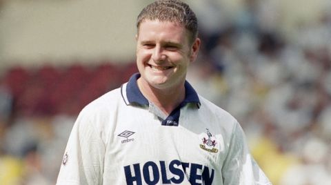 Smiling British footballer Paul Gascoigne, seen during F. A. Charity Shield match on August 10, 1991 at Wembley Stadium in London, United Kingdom, wearing Tottenham Hotspur (Spurs) strip. Gazza has signed to play for Lazio club in Italy for the coming season. (AP Photo/Paul Velasco)