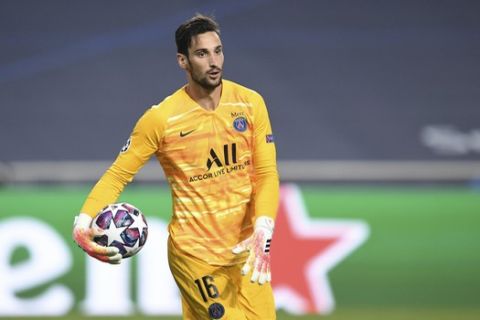 PSG's goalkeeper Sergio Rico holds the ball during the Champions League semifinal soccer match between RB Leipzig and Paris Saint-Germain at the Luz stadium in Lisbon, Portugal, Tuesday, Aug. 18, 2020. (David Ramos/Pool Photo via AP)
