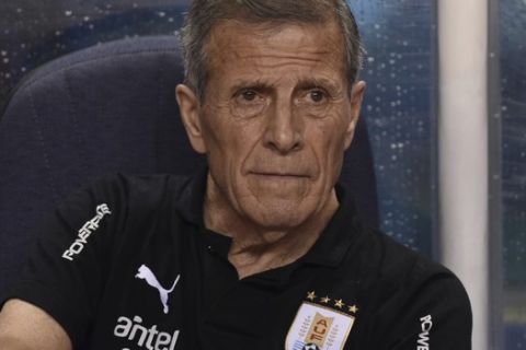 Uruguay's coach Oscar Tabarez sits on the bench prior to a friendly soccer match against Costa Rica at the National Stadium in San Jose, Costa Rica, Friday, Sept. 6, 2019. (AP Photo/Carlos Gonzalez)