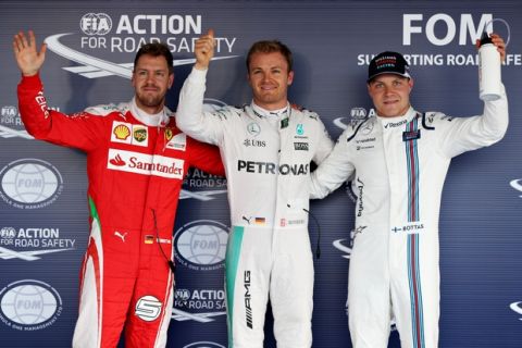 SOCHI, RUSSIA - APRIL 30: Top three qualifiers, Nico Rosberg of Germany and Mercedes GP, Sebastian Vettel of Germany and Ferrari and Valtteri Bottas of Finland and Williams celebrate in parc ferme during qualifying for the Formula One Grand Prix of Russia at Sochi Autodrom on April 30, 2016 in Sochi, Russia.  (Photo by Mark Thompson/Getty Images)