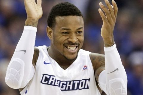 Creighton's Marcus Foster (0) reacts to a Creighton basket during the first half of an NCAA college basketball game against Villanova in Omaha, Neb., Saturday, Feb. 24, 2018. (AP Photo/Nati Harnik)