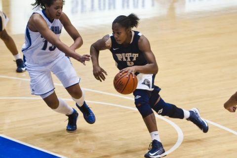 January 05 2013: Seton Hall's guard forward center () Pitt's guard forward center () during women's Big East Conference basketball action between the Seton Hall Pirates and the Pittsburg Panthers at Walsh Gymnasium in South Orange, New Jersey.
