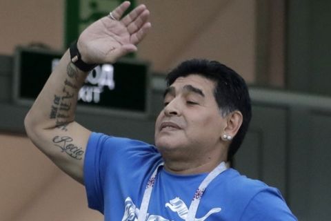 Argentina's former soccer star Diego Maradona cheers for his team before the group D match between Argentina and Croatia at the 2018 soccer World Cup in Nizhny Novgorod Stadium in Nizhny Novgorod, Russia, Thursday, June 21, 2018. (AP Photo/Petr David Josek)