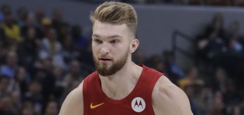 Indiana Pacers' Domantas Sabonis (11) dribbles during the first half of an NBA basketball game against the Brooklyn Nets, Sunday, April 7, 2019, in Indianapolis. (AP Photo/Darron Cummings)