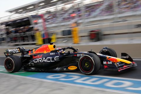 Red Bull driver Max Verstappen of the Netherlands leaves the pit lane during the first practice session ahead of the Qatar Formula One Grand Prix at the Lusail International Circuit in Lusail, Qatar, Friday, Oct. 6, 2023. (AP Photo/Darko Bandic)