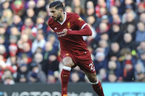 Liverpool's Emre Can during the English Premier League soccer match between Liverpool and West Ham United at Anfield in Liverpool, England, Saturday, Feb. 24, 2018. (AP Photo/Rui Vieira)