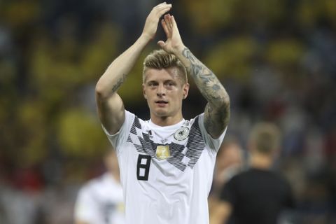 Germany's Toni Kroos celebrates at the end of the group F match between Germany and Sweden at the 2018 soccer World Cup in the Fisht Stadium in Sochi, Russia, Saturday, June 23, 2018. (AP Photo/Thanassis Stavrakis)