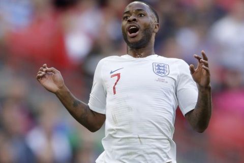 England's Raheem Sterling reacts after loosing a ball during the Euro 2020 group A qualifying soccer match between England and Bulgaria at Wembley stadium in London, Saturday, Sept. 7, 2019. (AP Photo/Matt Dunham)