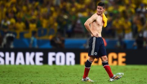 FORTALEZA, BRAZIL - JULY 04:  James Rodriguez of Colombia reacts after being defeated by Brazil 2-1 during the 2014 FIFA World Cup Brazil Quarter Final match between Brazil and Colombia at Castelao on July 4, 2014 in Fortaleza, Brazil.  (Photo by Laurence Griffiths/Getty Images)