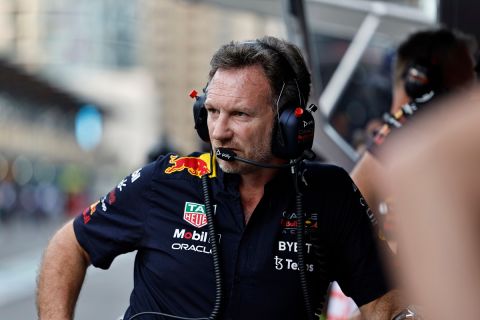 Team chief Christian Horner of Red Bull Racing watches at pits during the qualifying session at the Baku circuit, in Baku, Azerbaijan, Saturday, June 11, 2022. The Formula One Grand Prix will be held on Sunday. (Hamad Mohammed, Pool Via AP)