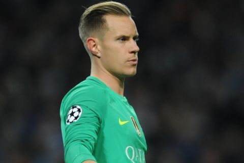 Barcelonas Marc Andre ter Stegen during the Champions League group C soccer match between Manchester City and Barcelona at the Etihad stadium in Manchester, England, Tuesday, Nov. 1, 2016. (AP Photo/Rui Vieira)
