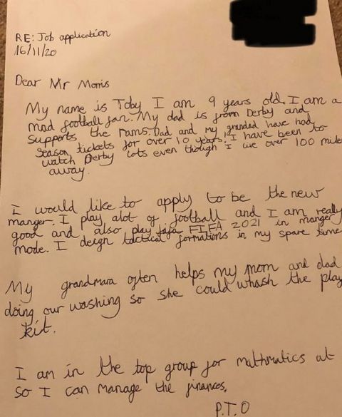 Το γράμμα του 9χρονου Τόμπι Χολ για να αναλάβει την τεχνική ηγεσία της Ντέρμπι