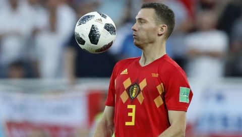 Belgium's Thomas Vermaelen controls the ball during the group G match between England and Belgium at the 2018 soccer World Cup in the Kaliningrad Stadium in Kaliningrad, Russia, Thursday, June 28, 2018. (AP Photo/Hassan Ammar)