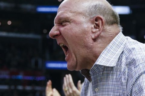Steve Ballmer yells during an NBA basketball game between Los Angeles Clippers and Utah Jazz Sunday, Nov. 3, 2019, in Los Angeles. (AP Photo/Ringo H.W. Chiu)