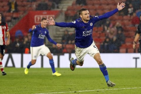 Leicester's Jamie Vardy celebrates scoring his side's ninth goal during the English Premier League soccer match between Southampton and Leicester City at St Mary's stadium in Southampton, England Friday, Oct., 25, 2019. (AP Photo/Alastair Grant)