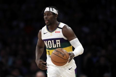 New Orleans Pelicans' Jrue Holiday during the first half of an NBA basketball game against the Los Angeles Lakers Tuesday, Feb. 25, 2020, in Los Angeles. (AP Photo/Marcio Jose Sanchez)