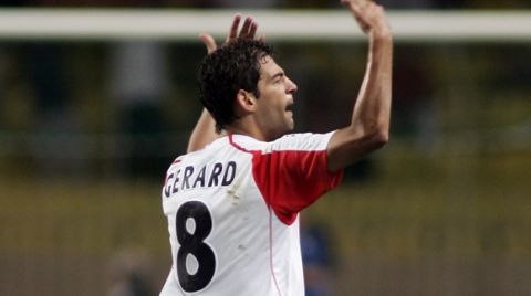 Gerard Lopez Segu of Monaco reacts after scoring the first goal for his team against Betis during his Champions League third qualifying round second leg soccer match, in Louis II stadium in Monaco, Tuesday, Aug. 23, 2005. (AP Photo/Bruno Bebert)