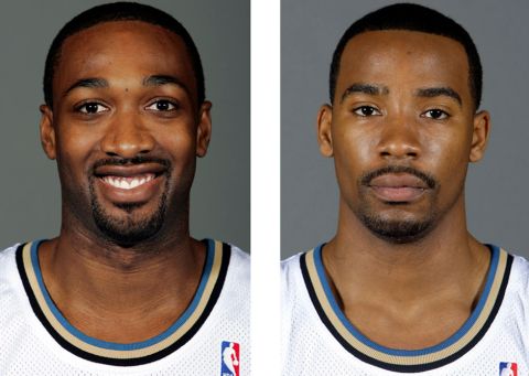FILE - In this combo of file photos, Washington Wizards' Gilbert Arenas , left, (2008) and Javaris Crittenton (2009) are shown in Washington.  Arenas and Crittenton were suspended for the remainder of the season on Wednesday, Jan. 27, 2010, by NBA commissioner David Stern, who said guns in the workplace "will not be tolerated." Both players have admitted bringing guns into the Wizards' locker room, a violation of the collective bargaining agreement, following a dispute on a team flight. (AP Photo/Haraz N. Ghanbari, File)