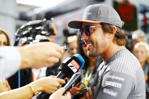 Spa Francorchamps, Belgium. 
Thursday 24 August 2017.
Fernando Alonso, McLaren, speaks to the media.
Photo: Steven Tee/McLaren
ref: Digital Image _O3I9843