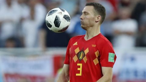 Belgium's Thomas Vermaelen controls the ball during the group G match between England and Belgium at the 2018 soccer World Cup in the Kaliningrad Stadium in Kaliningrad, Russia, Thursday, June 28, 2018. (AP Photo/Hassan Ammar)